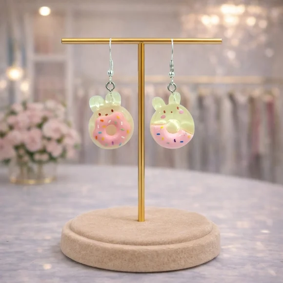 Handmade Sugar Bunny Donut Earrings | Y2K Novelty Cute Statement Jewelry - Picture 3 of 5